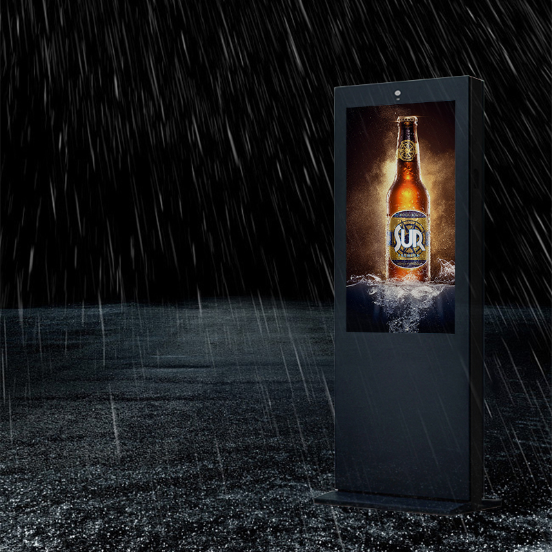 Outdoor IP65 Waterproof Digital Signage Kiosk operating in heavy rain with high-brightness display for all-weather advertising. Outdoor IP65 Waterproof Digital Signage Kiosk operating in heavy rain with high-brightness display for all-weather advertising.